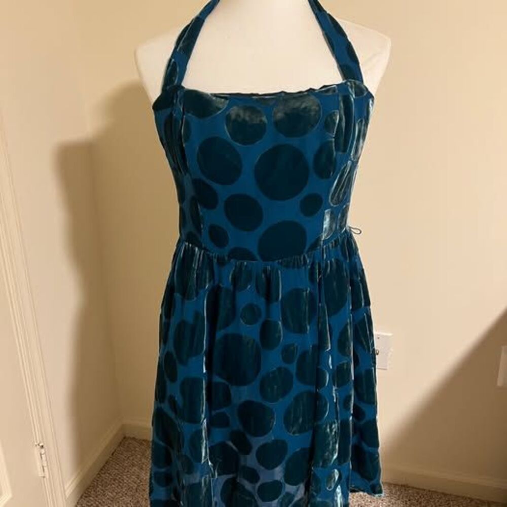 Patricia Field New York Halter Dress Velvet Polka Dot Teal Blue US 8